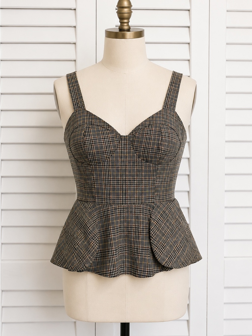 Plaid Peplum Camisole Top in Brown Plaid